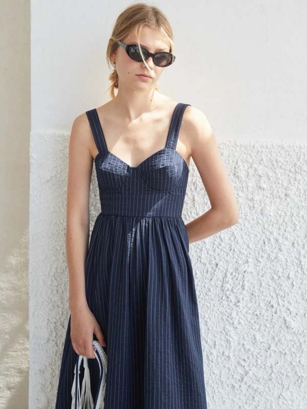 Masscob Corset Top Navy Pinstripe Midi Summer Dress with Wide Straps Medium M
